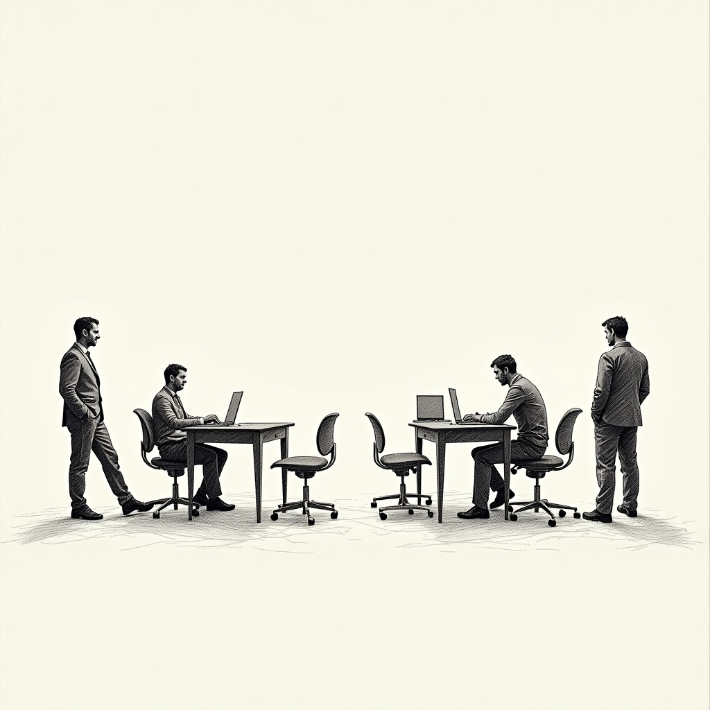 Scratchy image showing four individuals in a workplace. Two desks positioned with four chairs. One person is seated at a desk, another is leaning against the desk, one is sitting on the edge, and one is standing. The style is minimalist and abstract.