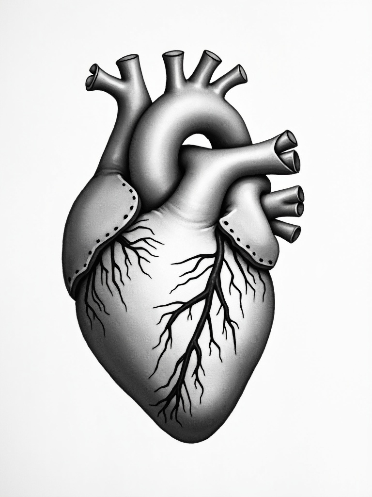 The image depicts a detailed anatomical illustration of a human heart in black and white. The heart is shown in a frontal view, revealing its chambers and blood vessels. Intricate line work captures the details of the heart's structure. The monochromatic palette emphasizes the heart's shape and anatomy. This illustration is suitable for educational purposes or artistic design.