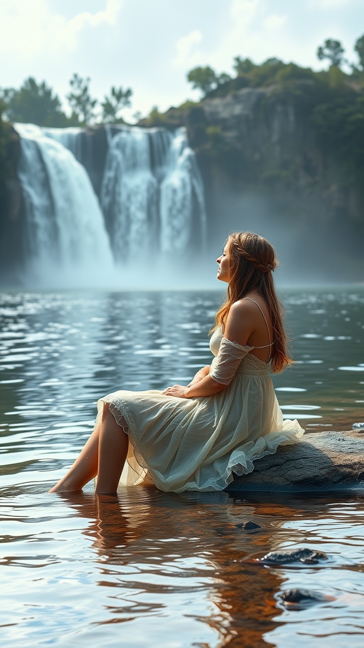 A serene image captures a young woman in a light, flowing dress sitting gracefully on a rock in a tranquil river, with a majestic waterfall cascading in the background. Her peaceful demeanor is enhanced by the surrounding lush greenery and the soft light illuminating her profile, adding a sense of calm and tranquility to the scene.