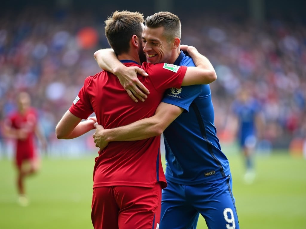 The image captures two football players celebrating during a match. They are engaged in a joyful embrace, showcasing camaraderie and happiness. The setting appears to be a stadium filled with spectators. One player is wearing a bright red jersey while the other is in blue. Their facial expressions reveal excitement and teamwork. The scene evokes the spirit of sportsmanship. This moment highlights the emotional connection in competitive sports.