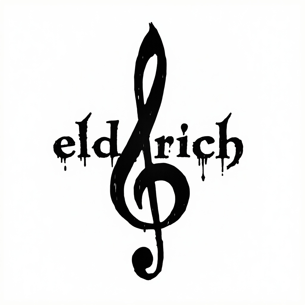 This image features an eldritch symbol in the shape of a musical note. The note is designed in black, and it has a sinister aesthetic that draws the viewer's attention. The word 'eldritch' is integrated into the design, styled in a way that conveys a sense of age and mystery. The background is pure white, creating a stark contrast with the dark elements of the image. The overall effect is both intriguing and slightly eerie, making it suitable for horror-themed music or events.