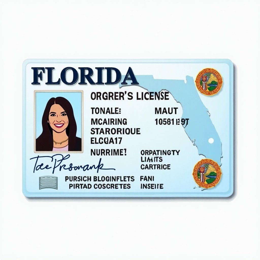 Image shows a Florida driver's license. Document has realistic design features. It includes personal information like name and address. Unique ID number is displayed. Official state logos are present. Color scheme includes light blue with gold accents. Organized layout emphasizes key identification details. Mimics government-issued identification.