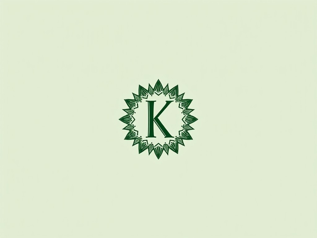 This image displays a luxurious logo design featuring a central, stylized letter 'K'. The logo is surrounded by intricate starburst patterns, exuding an elegant and sophisticated feel. The dominant color of the design is a rich green tone, set against a light background that enhances the logo's visibility. This design could be suitable for a high-end brand in industries such as fashion or cosmetics. Overall, it conveys a sense of opulence and modernity.