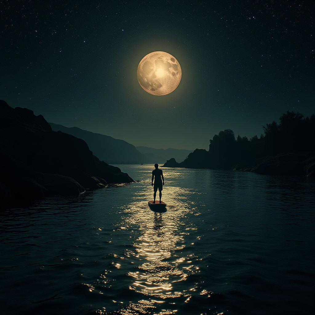 A person stands on a paddleboard under a full moon, with the moon illuminating the calm water around them.