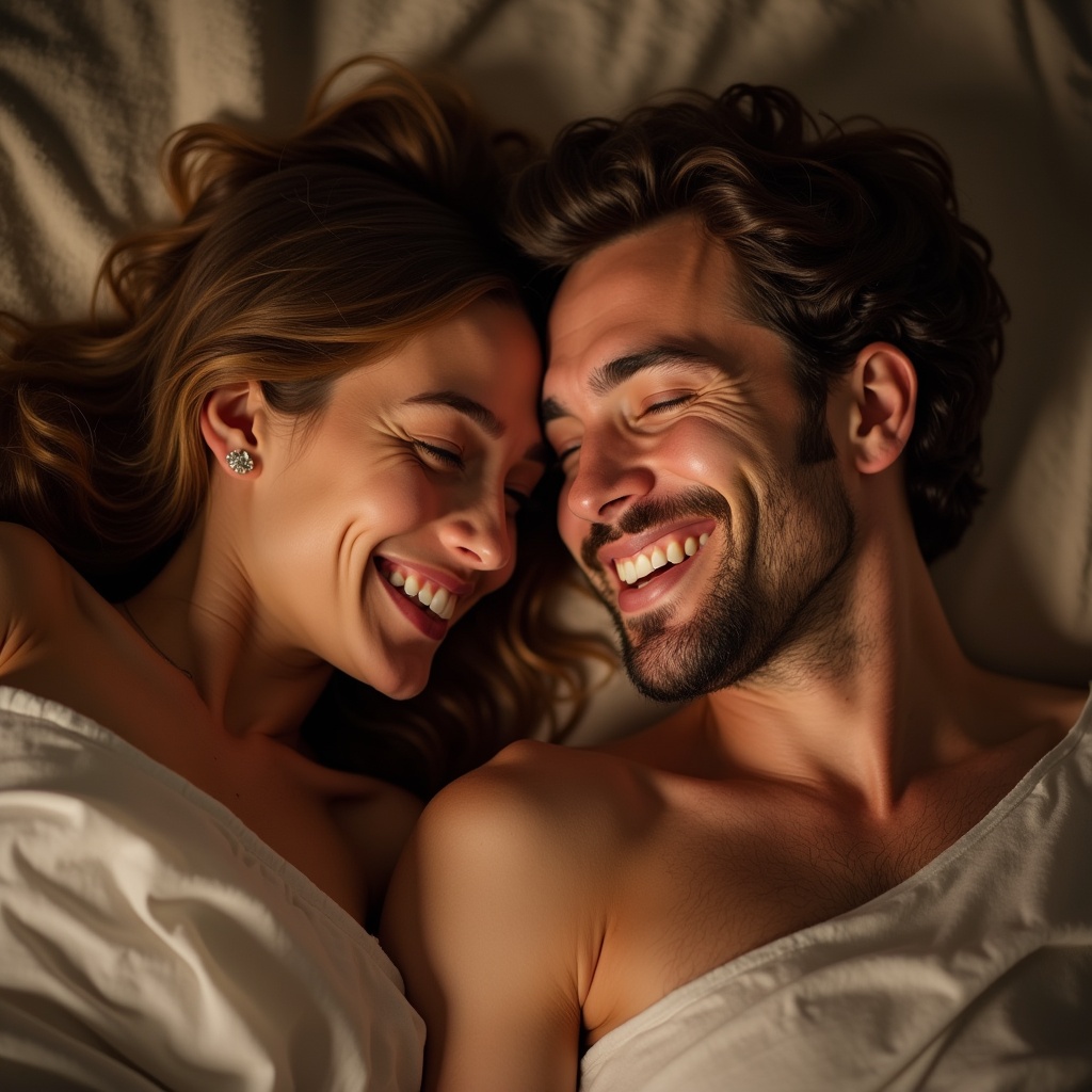 Joyful couple lying close together. They share smiles and warmth. The setting is lit softly creating a warm atmosphere. Their expressions convey happiness and intimacy.