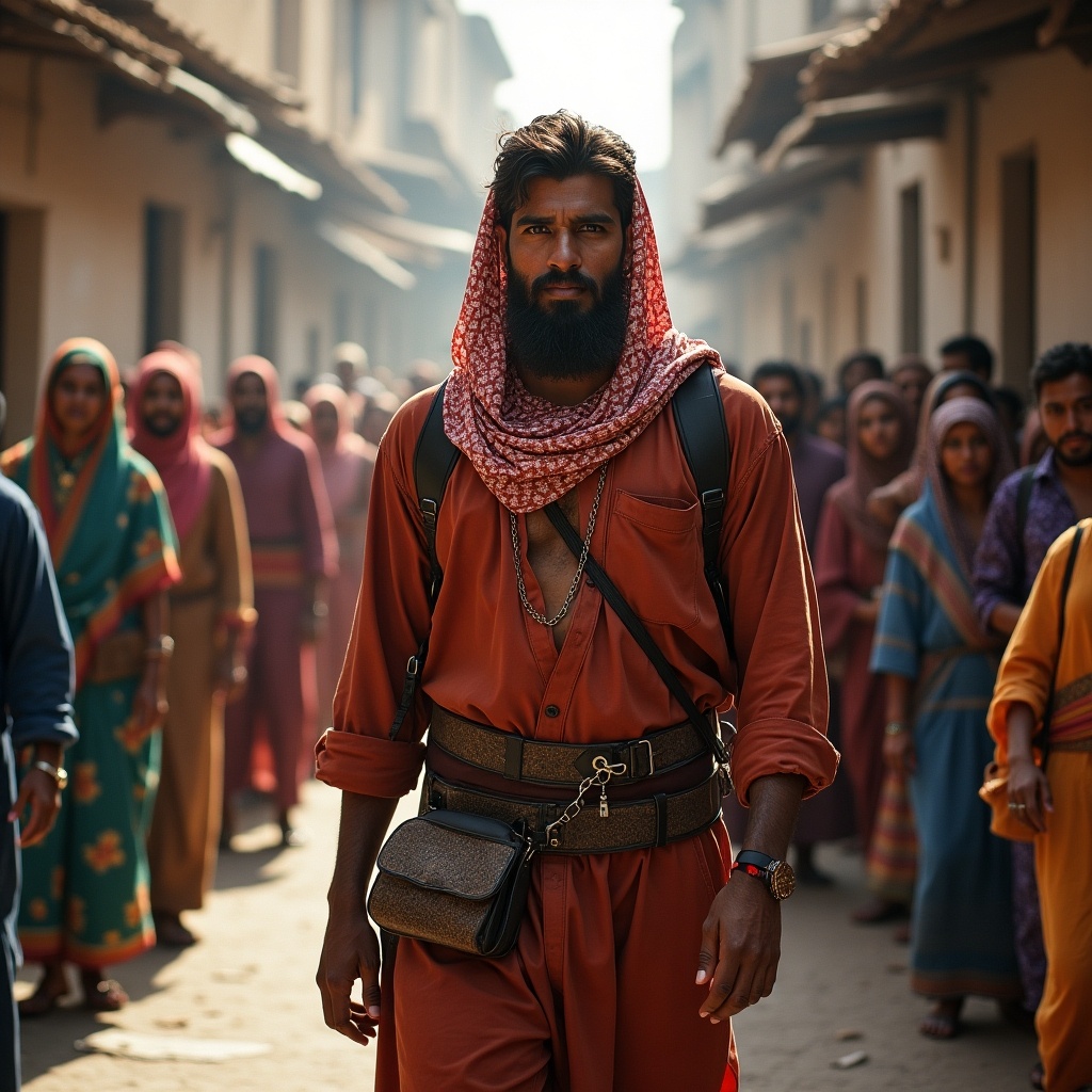 A crowd of individuals wearing traditional attire walking down a narrow street. The atmosphere is warm and inviting. Some individuals are wearing headscarves. The scene captures cultural significance and community.