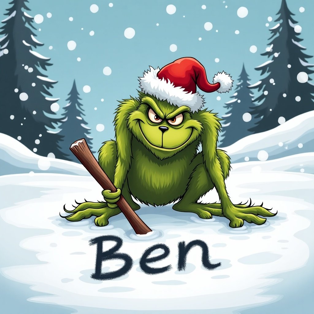 Grinch writing 'Ben' in the snow. The character appears mischievous and festive. Scenic background includes snow-covered trees. The Grinch wears a Santa hat and holds a stick.