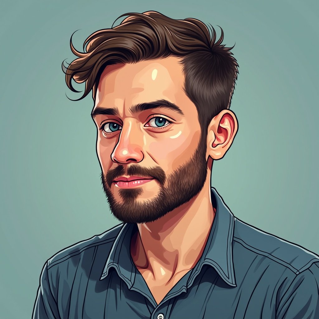 This image is an acrylic-style portrait of a young man named Tomas. He is thirty years old and works as a programmer. Tomas has short brown hair with a slight wave and a well-groomed beard. He has striking blue eyes and is wearing a casual dark blue shirt. His expression is friendly and thoughtful, reflecting his curious and hardworking personality. The background is a soft teal, enhancing the overall vibrant feel of the portrait. This artwork captures his youthfulness and professional demeanor.