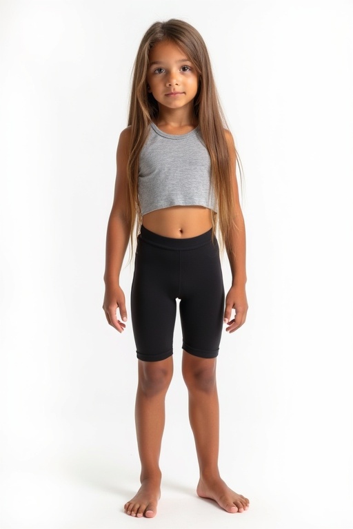 A beautiful girl standing. She wears a crop top and cycling shorts. Long straight hair flows down. She has big beautiful eyes. Tanned skin looks healthy. Background is white.