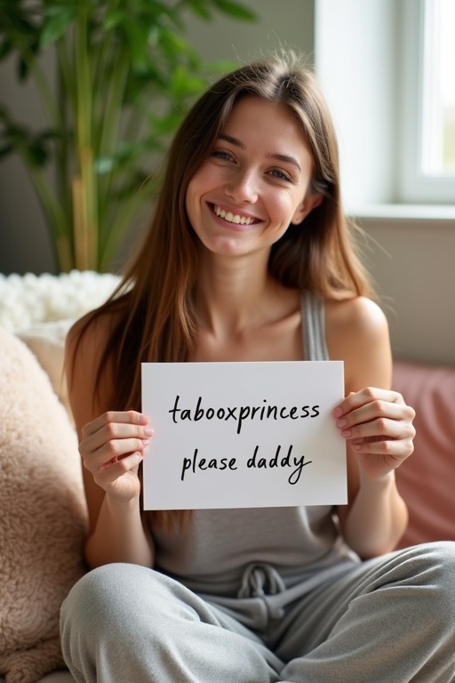 A girl sits comfortably in a cozy living room. She has long brown hair. She wears a tank top and sweatpants. She holds a piece of paper with her Instagram handle. The paper has handwritten text. The living room is decorated with soft pillows. There are plants in the background. Natural light fills the space.