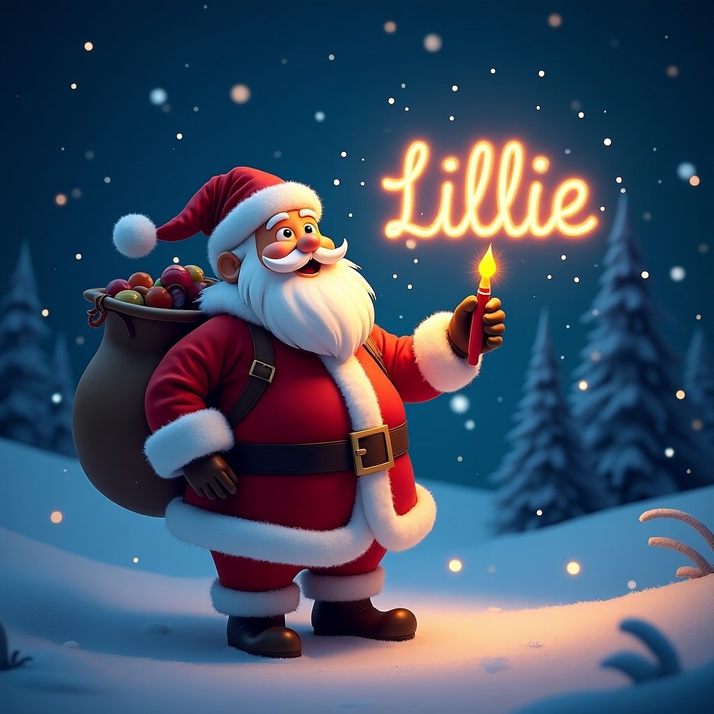 Festive Christmas scene. Santa Claus in a red suit. Santa writes Lillie in the sky with a glowing pen.