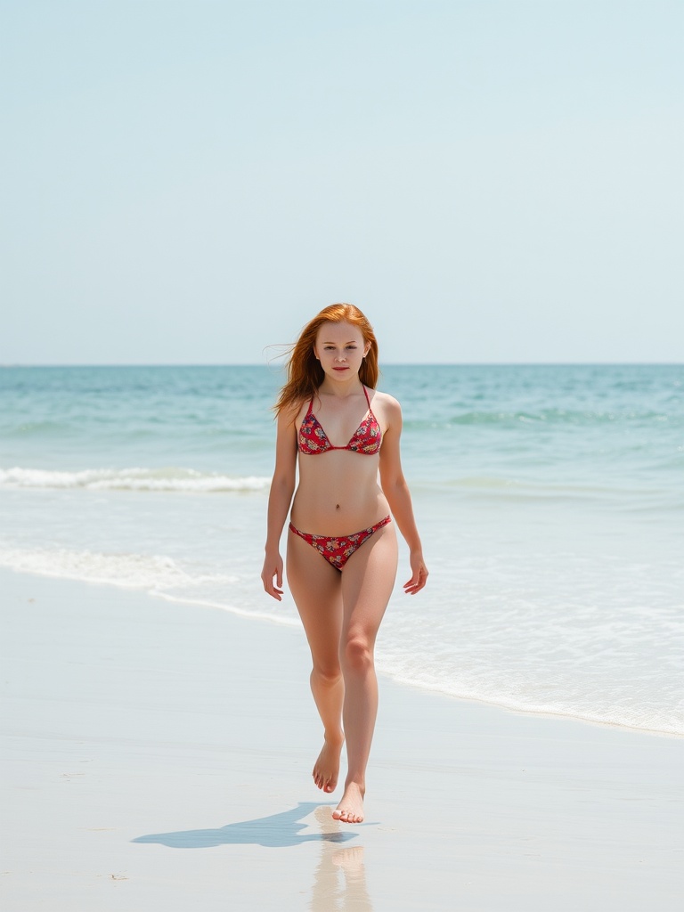 A young woman with red hair walks along a pristine beach, the gentle waves lapping at her feet. She is wearing a floral-patterned bikini that contrasts beautifully with the serene blue of the sea and sky. The sun casts soft shadows, emphasizing the tranquil atmosphere of this sunny day by the ocean.