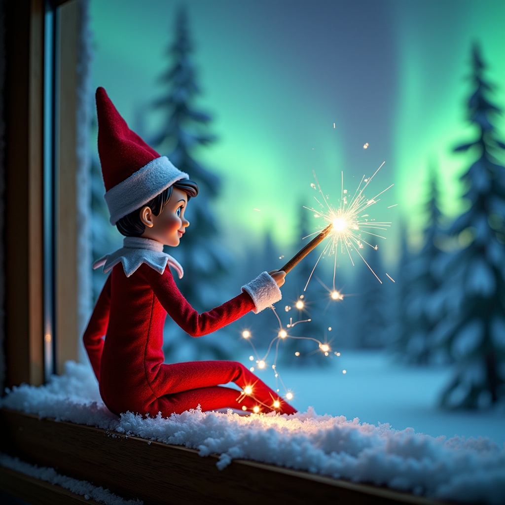 The image features an elf on the shelf sitting on a window ledge. The elf is using a magical wand to create sparks. The background shows northern lights in a winter wonderland filled with snow-covered trees. The elf is dressed in red with white trim, capturing the Christmas spirit. The scene glows with enchanting colors from the aurora borealis.