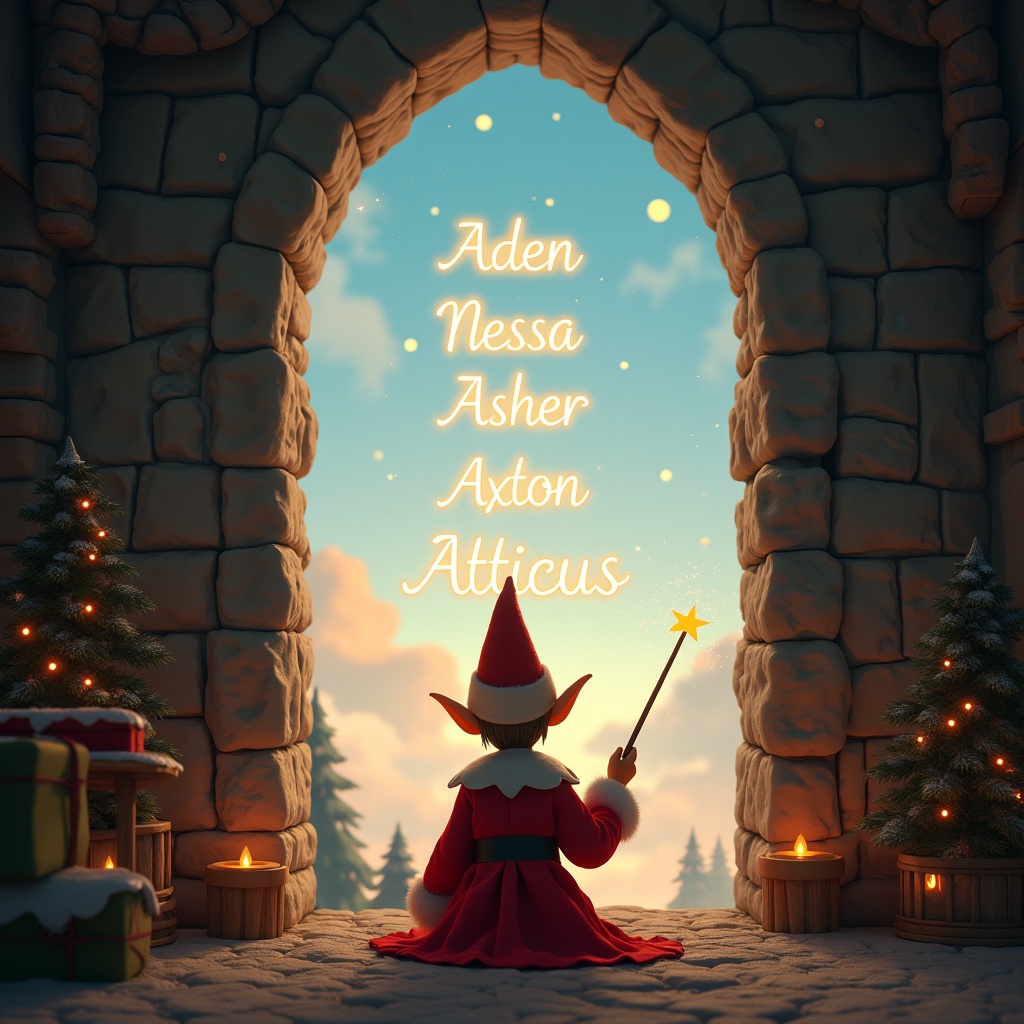 An enchanting scene featuring an elf sitting by a tall arched window. The elf has their back to the viewer, gazing into a bright sky filled with soft clouds. In one hand, they hold a wand, which they are using to write names in the air. The names written appear to be Aden, Nessa, Asher, Axton, and Atticus, glowing with magic. The interior is cozy, with stone walls and a whimsical ambiance that evokes the magic of the holiday season.