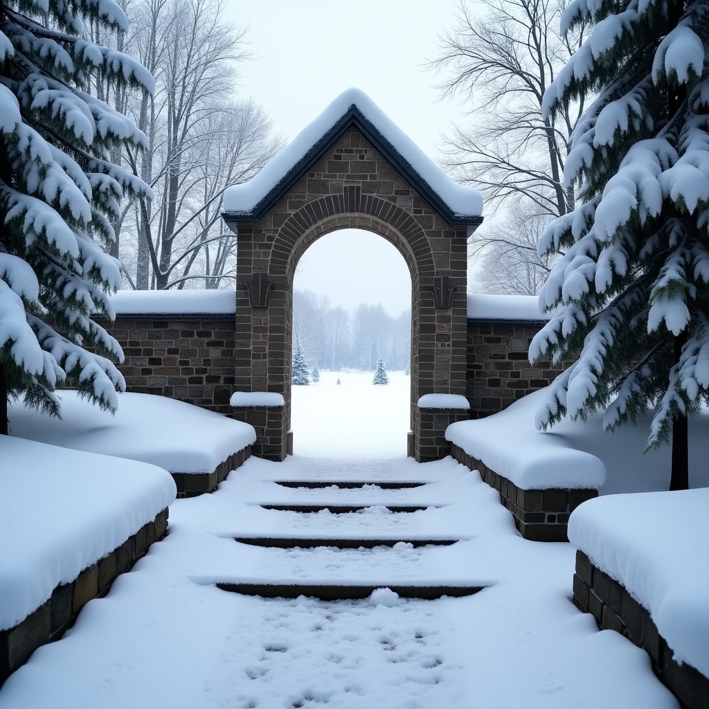 Scene depicts a snowy staircase leading to an archway. Snow blankets the ground and trees. Serene winter landscape visible beyond the gate.