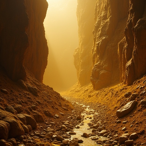 A canyon filled with golden light. Rocks on the sides create a natural passage. A crystal clear stream flows at the bottom. The environment appears warm and inviting. The overall scene evokes a sense of adventure and serenity.