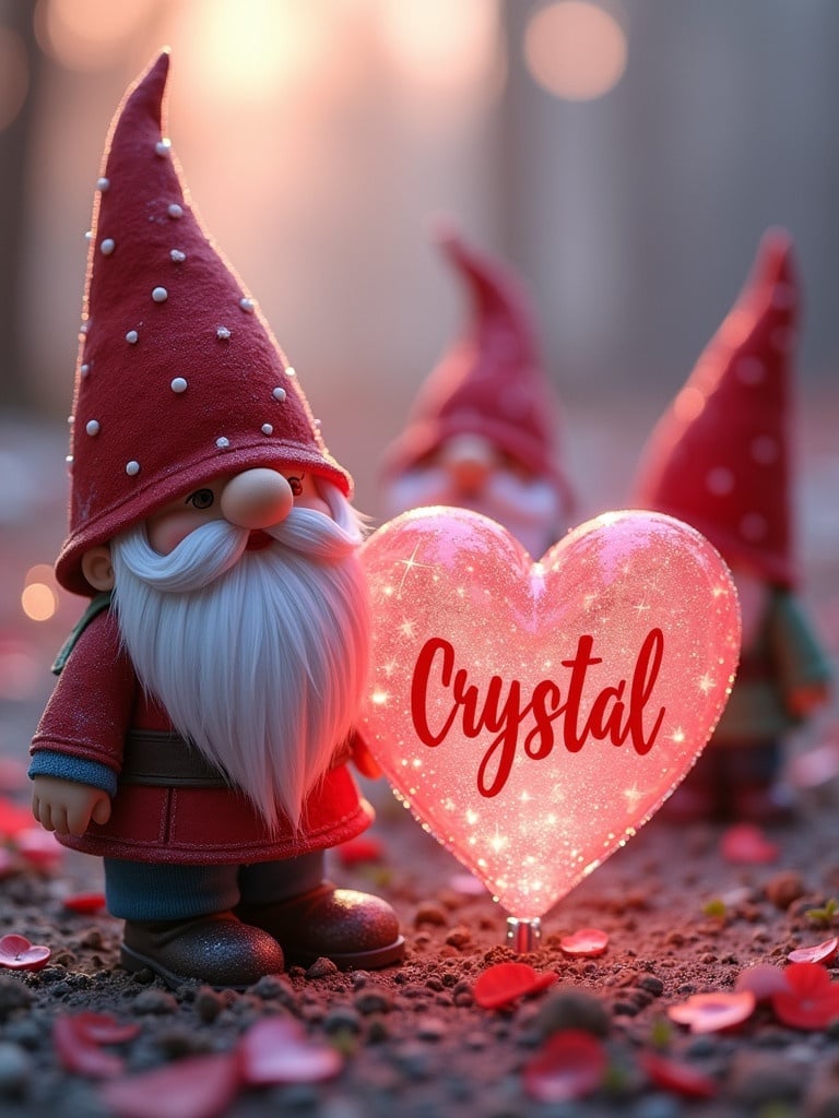 A heart-shaped decoration with the name Crystal. A cute gnome in the foreground. Gnomes in the background. Valentine's Day theme. Soft and warm lighting.