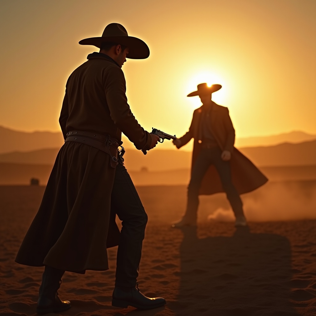 Dramatic scene of a western duel in a desert. Two figures face each other. One wears a sombrero and holds a navy Colt 1851, the other in a dark coat. Low sun creates golden light. Perspective from behind the gunslinger emphasizes suspense. Intriguing conflict between cultures.