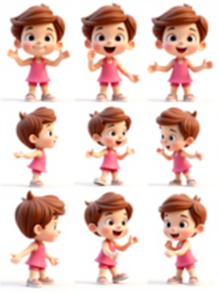 3D cartoon character of a young boy. Brown hair styled cutely. Dressed in a short pink dress. Displayed in multiple poses. Expresses shyness excitement curiosity. Bright color palette creates a cheerful theme.