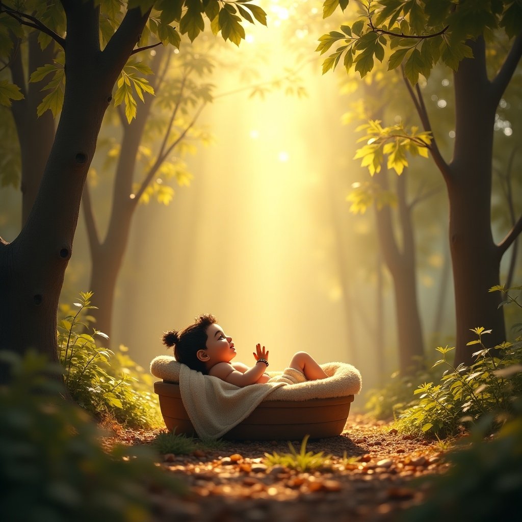 Opening scene depicts serene landscape. Baby Krishna rests in a cradle. Surrounded by divine light. Lush greenery surrounds the area.