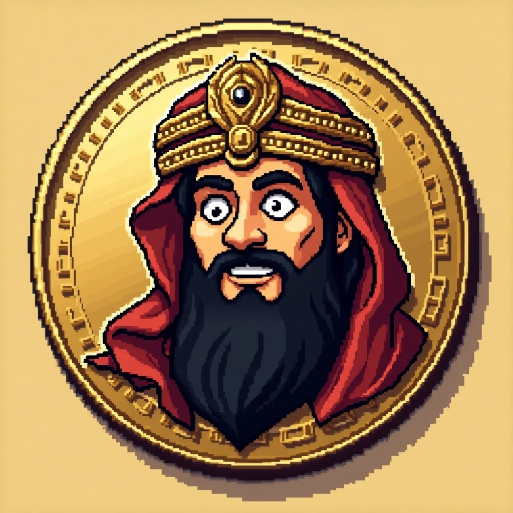 Pixelated image designed for a meme coin featuring a character inspired by a historical figure known for extreme wealth. The character has a beard and wears a crown. The design resembles retro video game graphics. The background features a gold coin-like element.