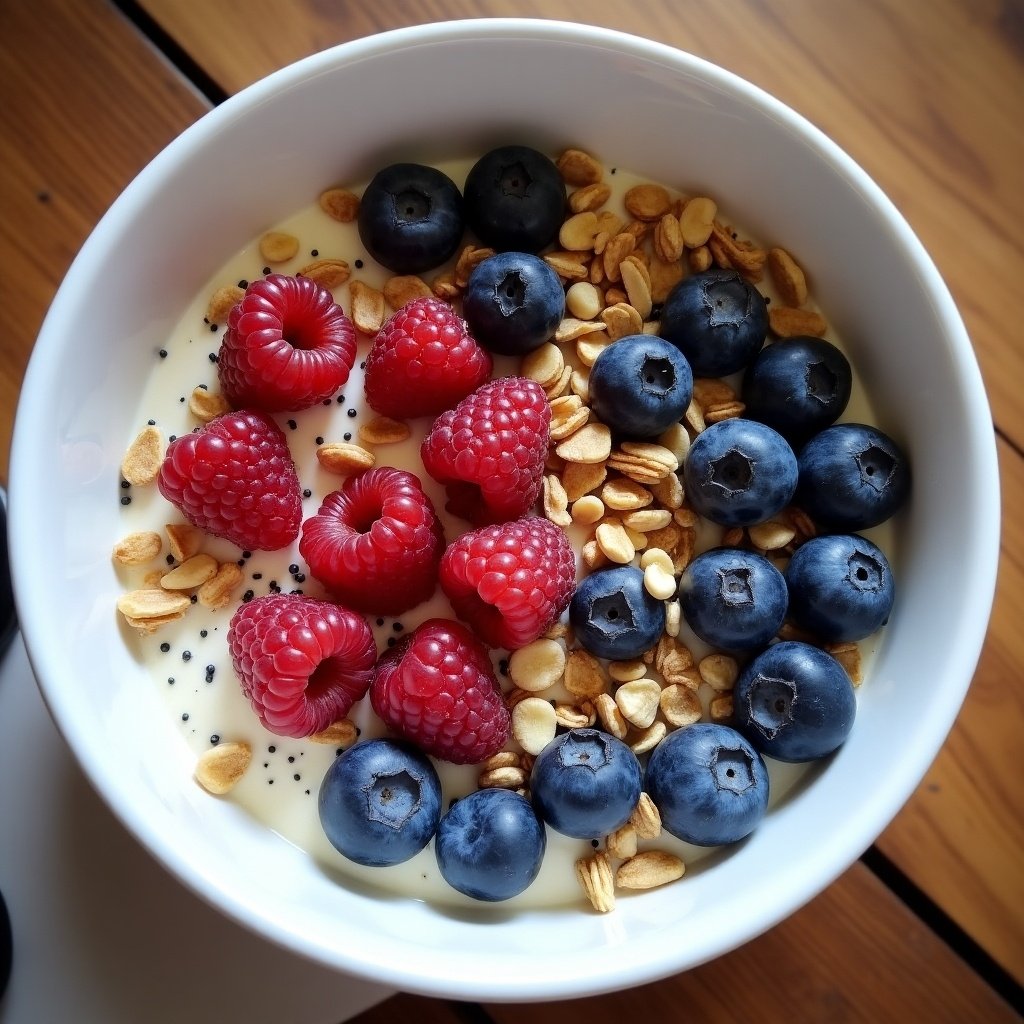 A big bowl of yogurt topped with raspberries, blueberries, granola, hazelnuts, chia seeds, and honey. Ingredients are artfully arranged for an appealing look. Natural lighting showcases the colors of the berries and yogurt.