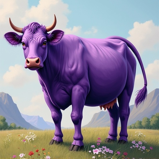 A highly stylized purple cow stands in a grassy meadow. The cow is cartoonish with large, expressive eyes and a friendly stance. The background features gentle mountains and a vibrant sky with soft clouds.