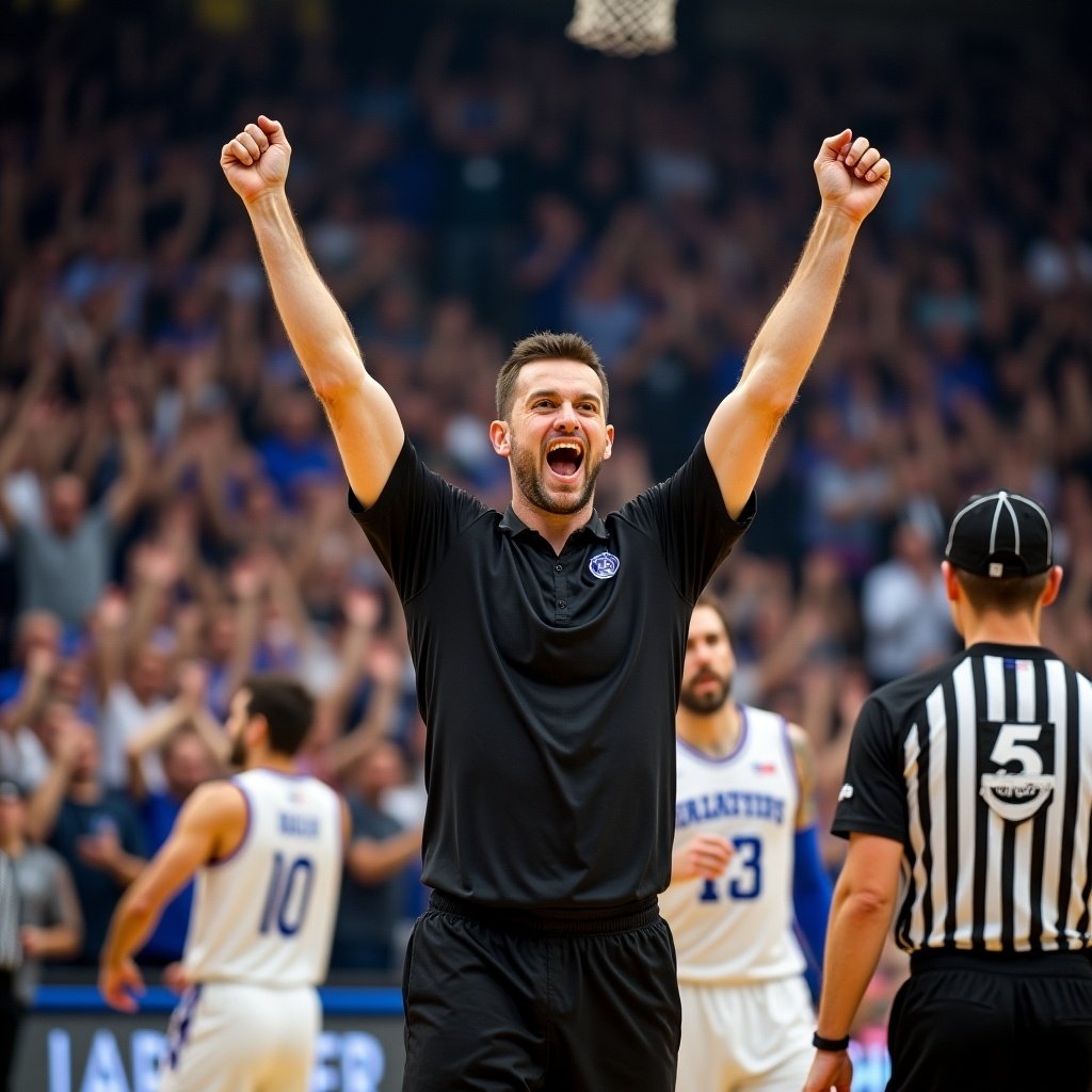 Man celebrating victory with raised hands by a referee. Background is a cheering crowd.