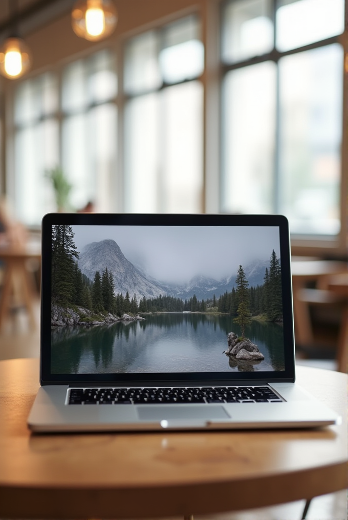 A laptop on a wooden table displays a serene mountain lake scene with evergreen trees and misty mountains.