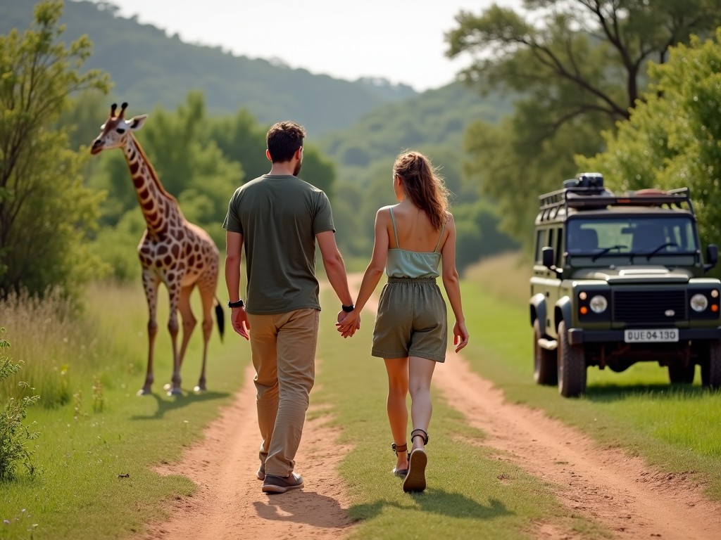 A couple is walking hand in hand along a rustic, dirt path. They are enjoying a beautiful day in nature, surrounded by greenery and wildlife. To their left, a giraffe stands peacefully, adding to the wild essence of the scene. In the background, an off-road vehicle is parked, suggesting an adventurous outing. This picturesque setting is perfect for travel and wildlife enthusiasts.