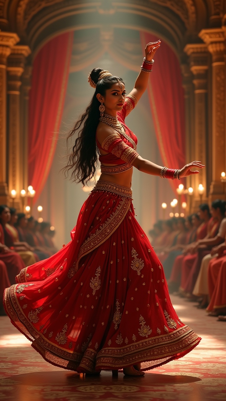 Highly detailed artwork of an Indian classical dancer performing in a royal palace. Full-body view facing the camera gracefully. Dancer wears a red and gold lehenga with intricate embroidery and matching jewelry. Long black hair flows as she moves. Mid-performance with arms raised and body turning towards the viewer. Background features a luxurious palace with ornate red curtains and golden lights, with an audience watching her. Lighting highlights dancer's expression and movement, emphasizing regal and cultural richness.