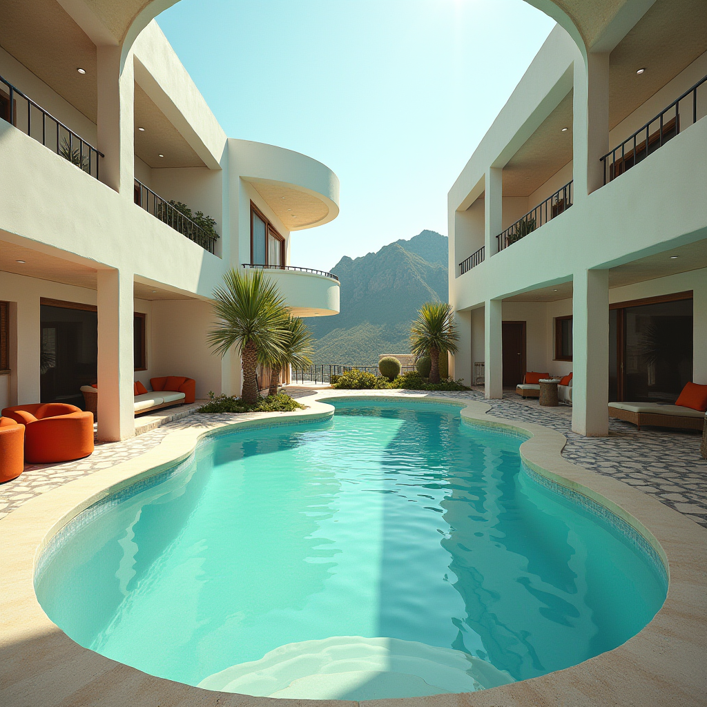 A serene courtyard features a curved pool surrounded by a contemporary two-story building with mountain views and cozy outdoor seating.