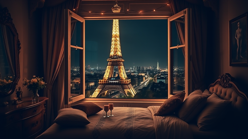 A luxurious bedroom with an open window offering a stunning view of the Eiffel Tower illuminated against the night sky.