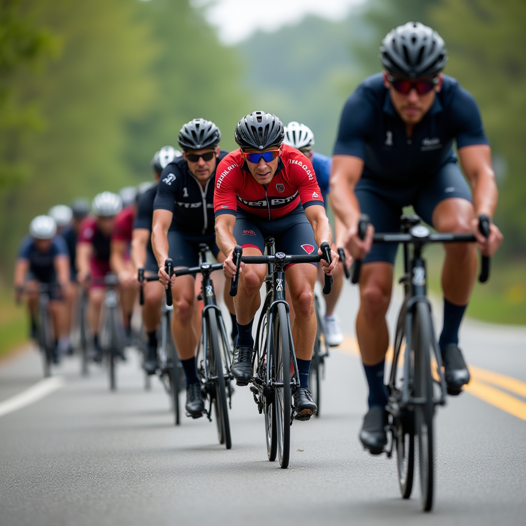 A group of cyclists in helmets and sportswear are riding closely together on a road.