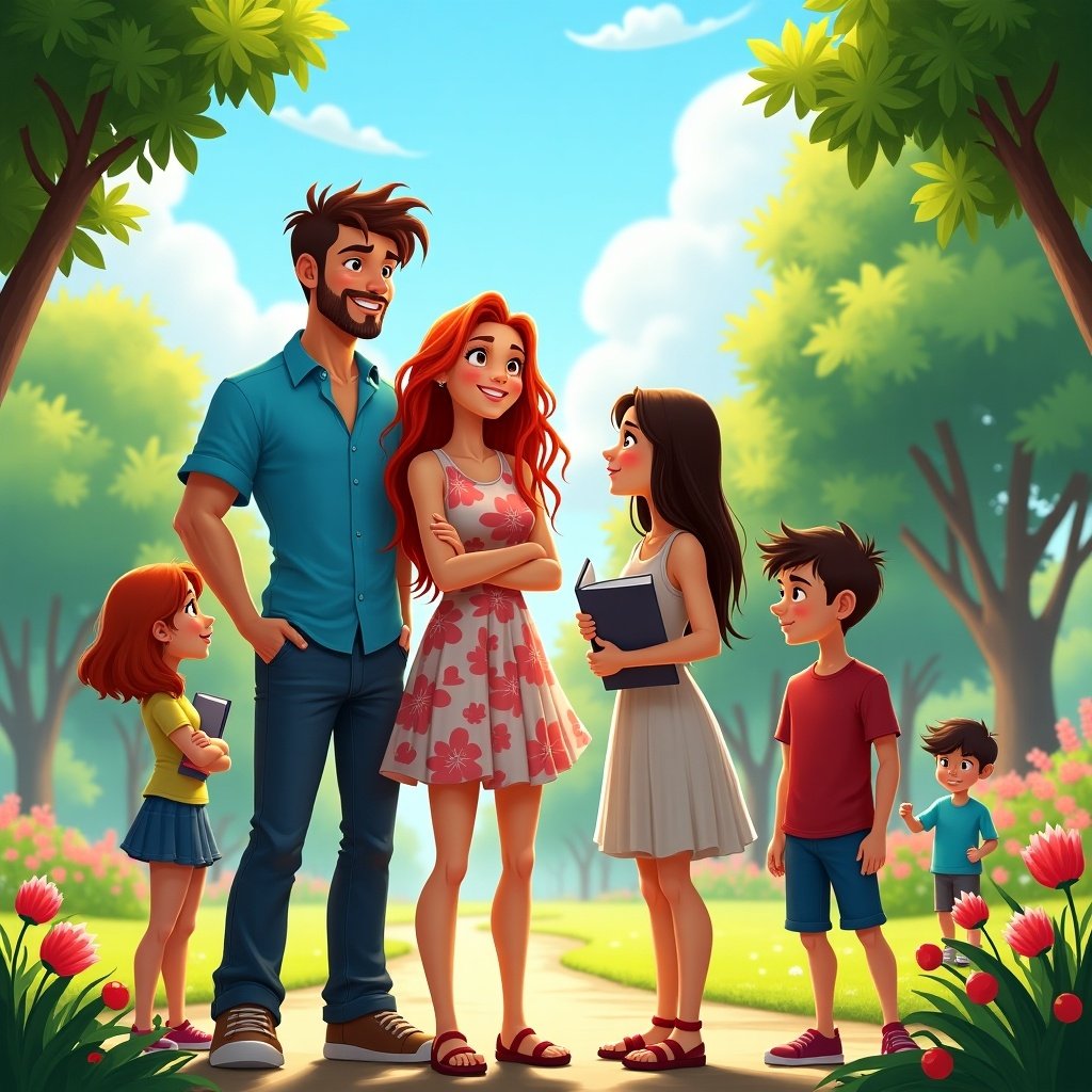 A group of five individuals stands in a sunny park surrounded by trees and flowers. They represent a familial bond and happiness. The scene conveys warmth and togetherness in a picturesque setting.