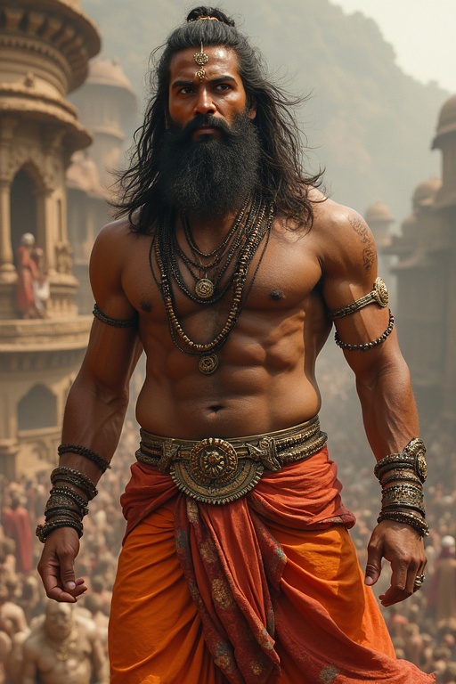 Muscular figure in traditional Indian attire. Image depicts a powerful stance. Background shows a crowd amidst ancient architecture.