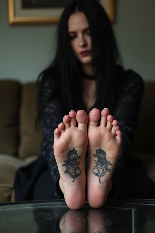 Mature goth woman shows her tattooed soles of bare feet. She's wearing dark goth clothes and sitting on a couch with her feet on a glass table.