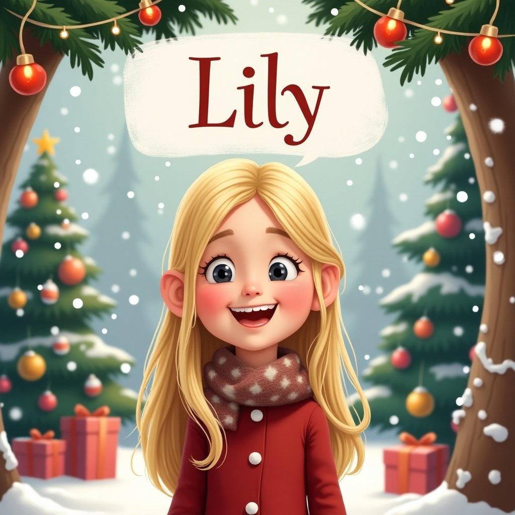 Cartoon character with straight blonde hair. Smiling girl in a red coat with a scarf. Christmas scene with trees and snowflakes. Background features presents. Text saying Lily.