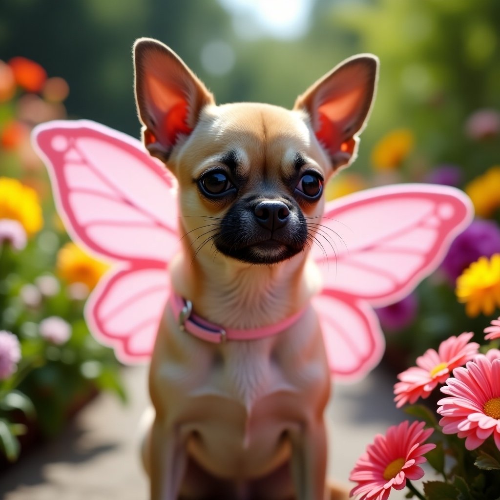 Pug cross chihuahua named Paris wearing pink angel wings. Flowers in the background. Bright and colorful setup.