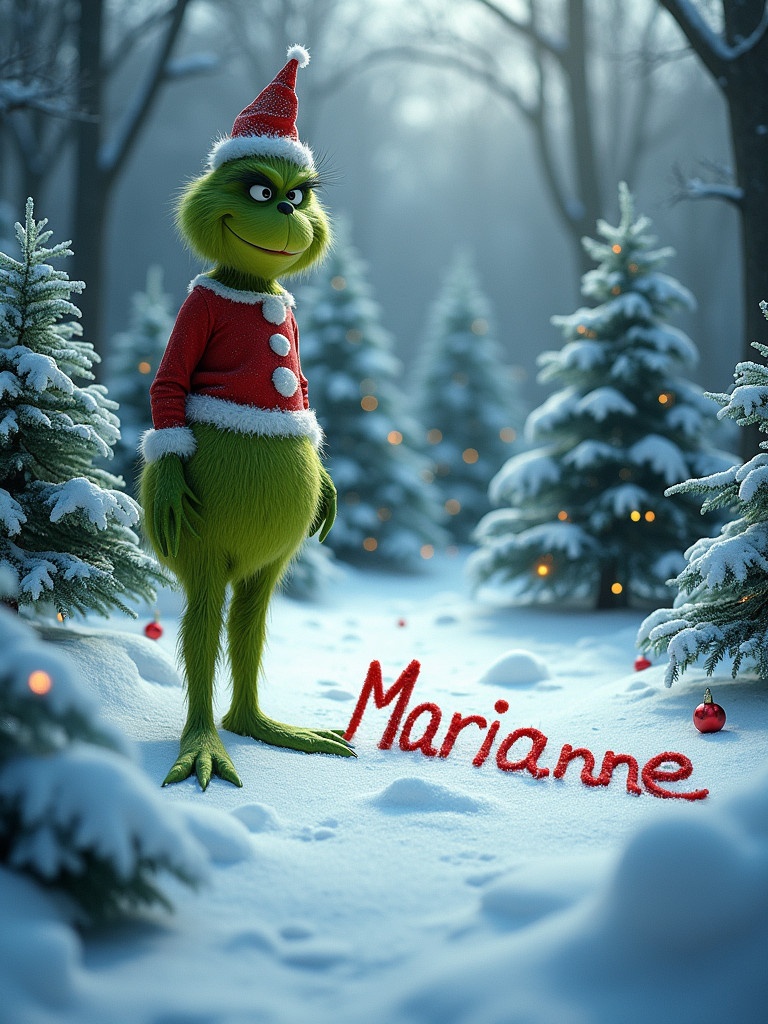 A character resembling The Grinch stands in a snowy forest. Christmas trees surround the character. The Grinch writes 'Marianne' in the snow. A festive atmosphere with decorations is present.