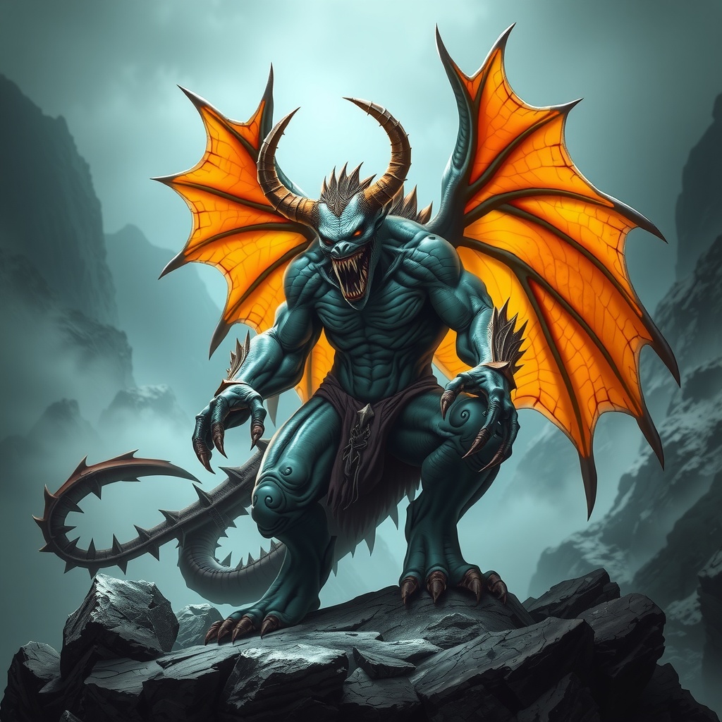 A fearsome, horned creature with vibrant orange wings stands poised on jagged rocks in a misty landscape.