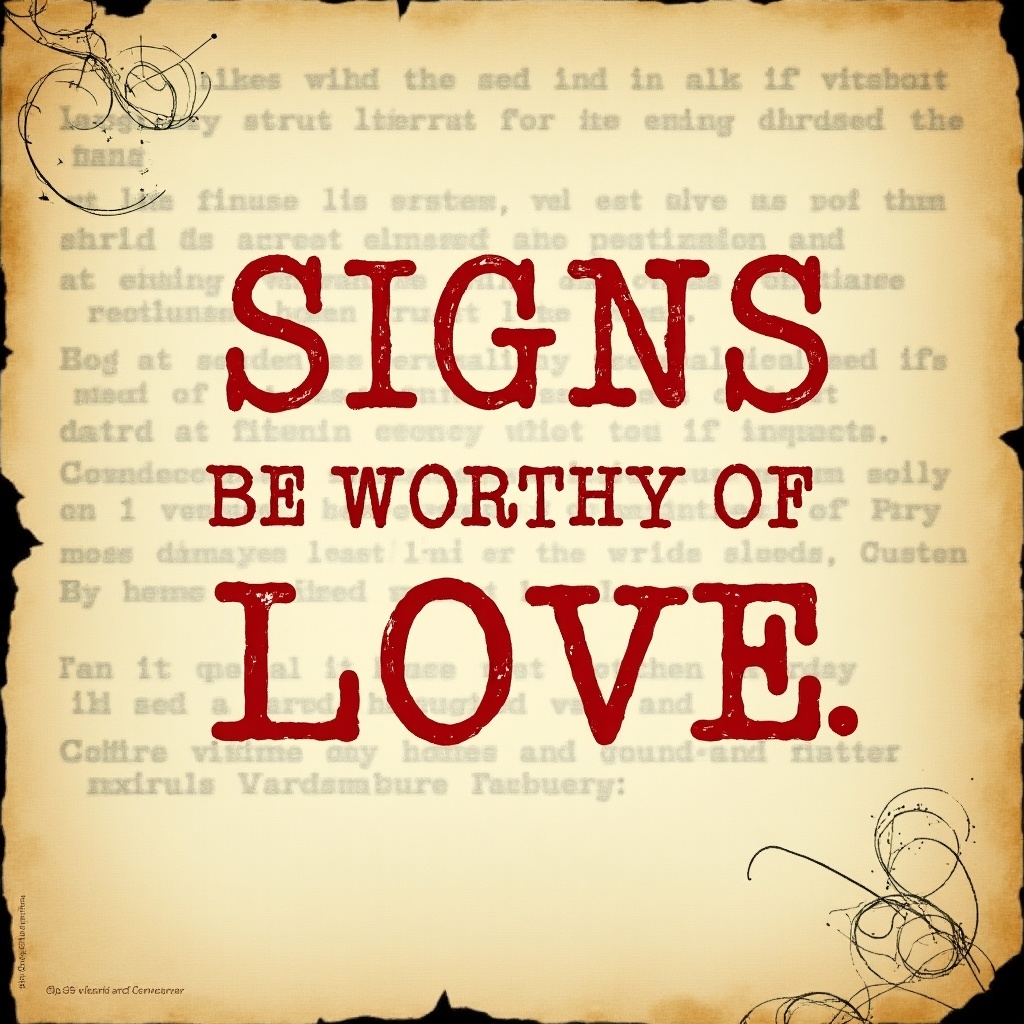 This image features an inspirational quote about signs being worthy of love. The quote is displayed in bold red letters, drawing attention to its message. The background consists of aged paper with subtle textures and faded signatures, creating a vintage aesthetic. Faint typed text can be seen, enhancing the historical feel of the document. The overall composition is designed to evoke feelings of warmth and inspiration, making it suitable for various uses.