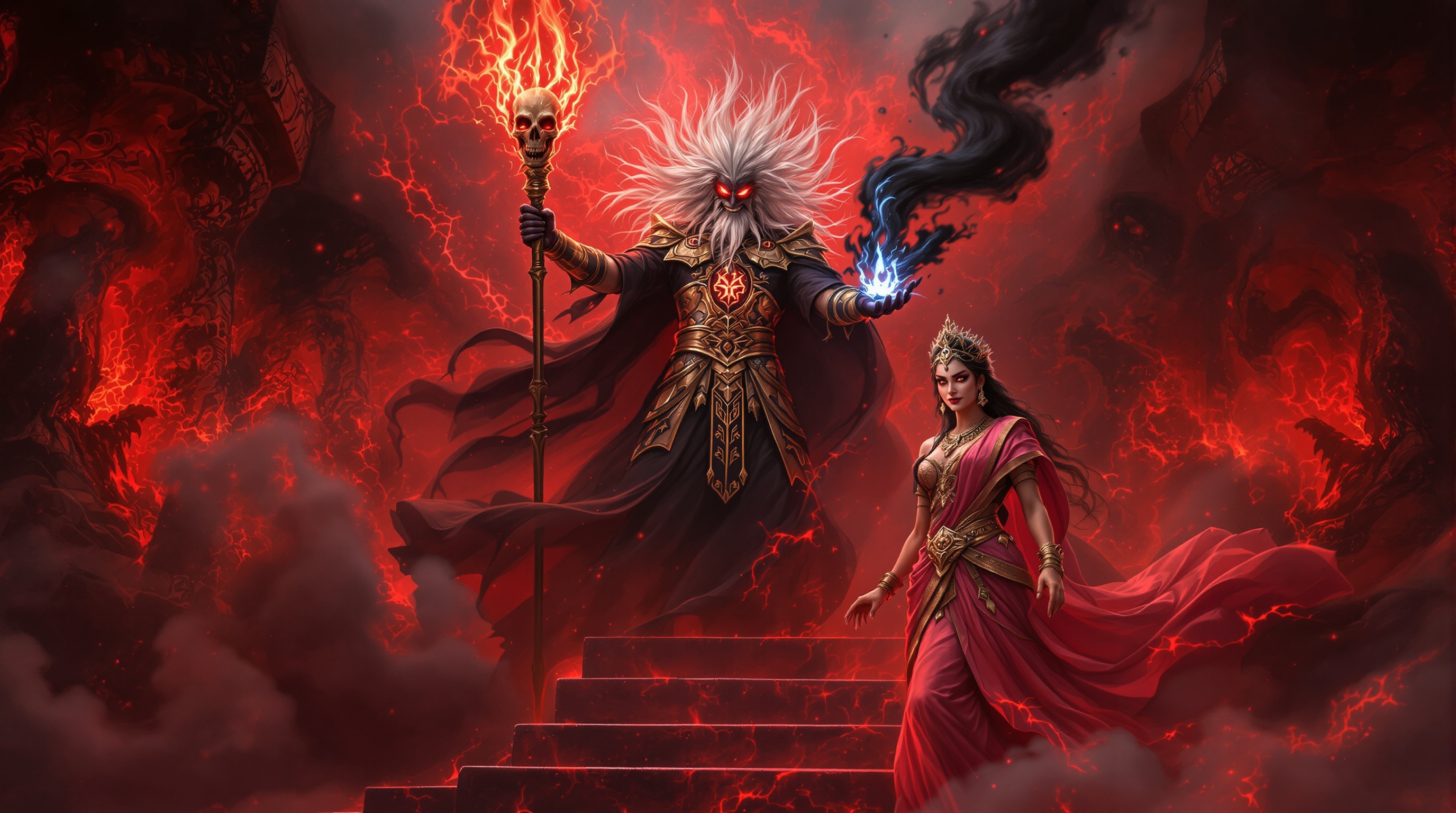 An ultra HD image of Kaljayi, a powerful tantrik standing in a dark palace chamber. He has wild white hair, glowing red eyes, and holds a skull-topped staff. Around him are swirling black smoke and red energy. King Rudrasen in golden armor holds the Amritdhara Sword beside Queen Mriganjali, whose hands glow with the Rakshakavach. The scene shows a tense confrontation between light and darkness.