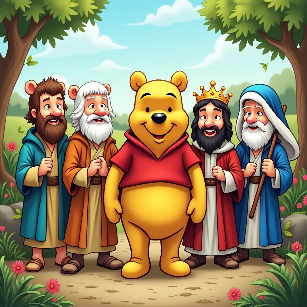 Winnie the Pooh depicted among characters resembling saints in a vibrant landscape. Playful, cartoon style. Characters dressed in colorful robes. Bright, cheerful background with trees and clouds.