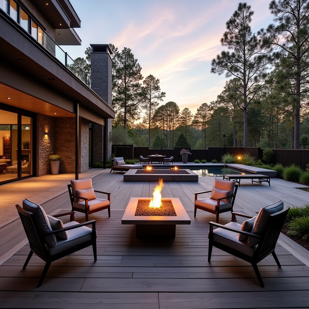 The image features a luxurious modern patio area designed with wooden decking. In the center, there is a stylish fire pit surrounded by comfortable seating. The patio is adjacent to a contemporary-style house, providing a seamless flow from indoor to outdoor living. The setting overlooks a beautifully landscaped backyard filled with trees and a serene pool. The scene is captured at sunset, with warm lighting enhancing the inviting atmosphere.