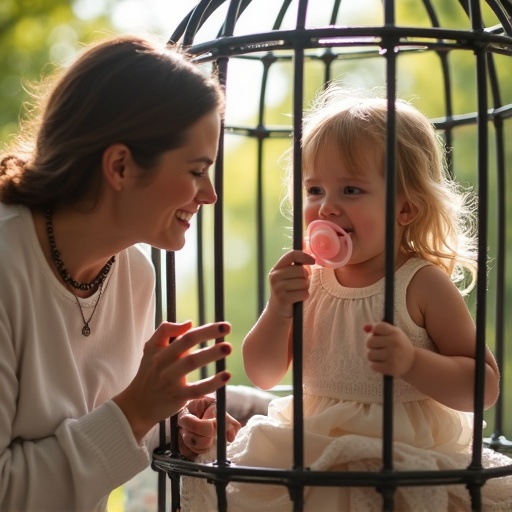 Mother interacts playfully with daughter inside large medieval metal cage. Daughter is holding a large pacifier. The scene is set outdoors on a sunny day with vibrant greenery. The mood is joyful and playful between them.