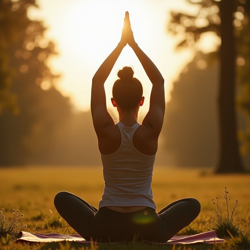 Woman practicing yoga outdoors in a peaceful environment during sunset.