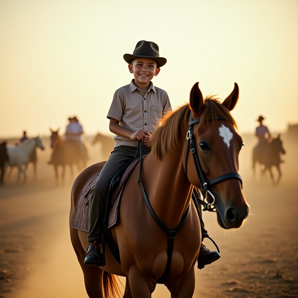 A boy is riding a horse. The scene shows multiple horses in the background with warm lighting.