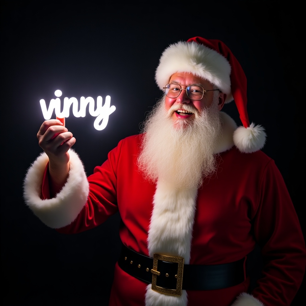 This image features Santa Claus dressed in his classic red and white suit, embodying the spirit of Christmas. He holds a glowing stick that lights up the name 'vinny,' adding a personal touch to the festive scene. Santa's bright smile radiates joy and warmth, making everyone feel welcomed. The backdrop is dark, which makes the glow of the text even more striking. This enchanting image encapsulates the celebration and magic associated with the holiday season.