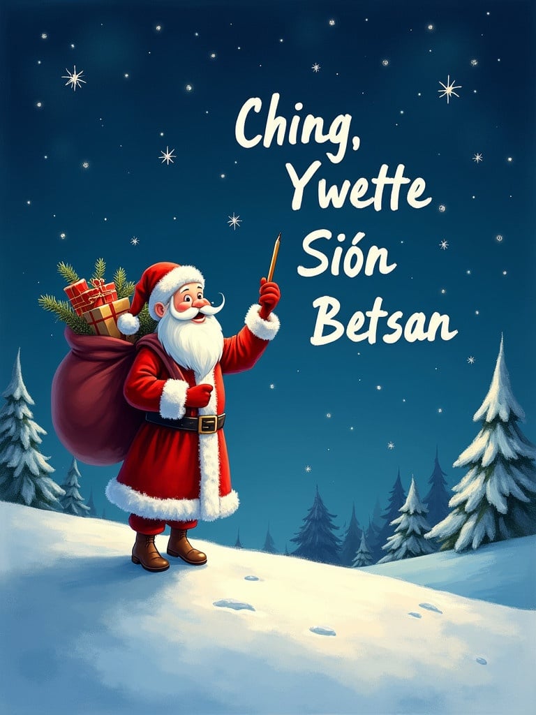 Santa Claus stands on a snowy hill under a starry night sky. He writes names in the sky with a pencil. He wears red and white clothing. A lot of gifts are in a large sack on his back. The names Ching Yvette Siôn Betsan appear.